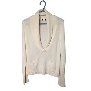 J. Crew Alpaca Merino Ivory Long‎ Sleeve Shawl Collar Sweater Size Large V Neck